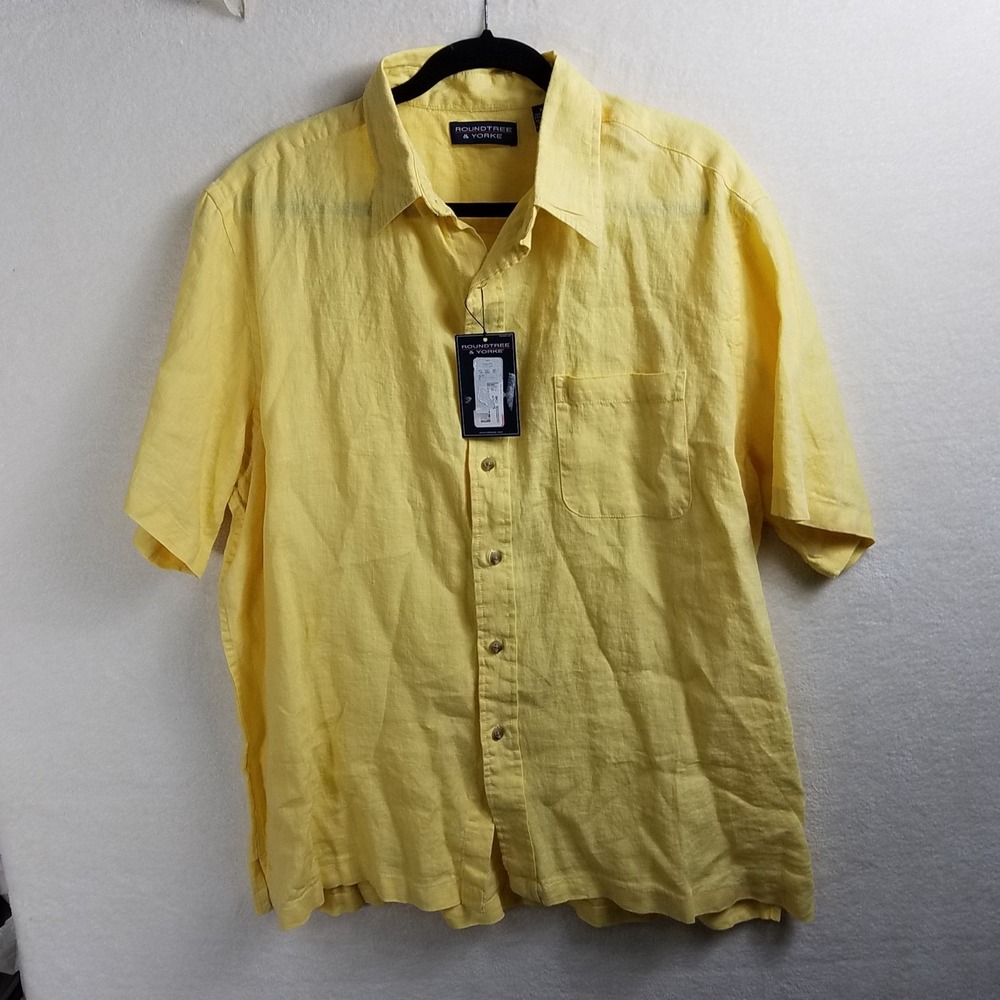 Roundtree & Yorke Men’s XL 100% Linen Button Down Shirt Yellow Short Sleeve NWT